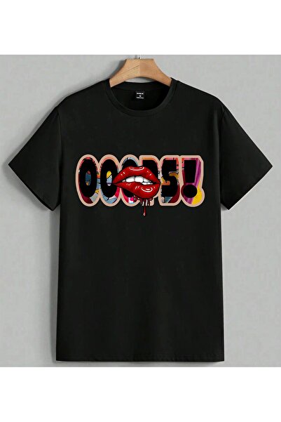 ELFERA Red Lip Pop Art Μαύρο Τυπωμένο Unisex Oversize T-Shirt Μαύρο