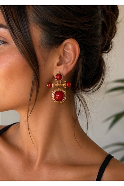 ANKA JEWELLRY Women's Steel Gold Color Red Stone Detail Hanging Earrings |   ...