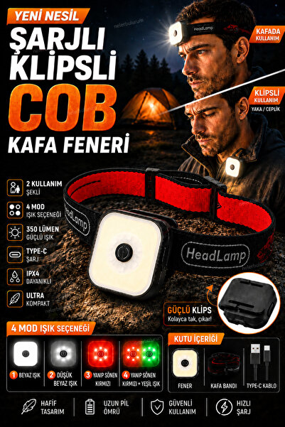 nelerbulurum Şarjlı Klipsli COB LED 350 Lümen 4 Modlu Beyaz Kırmızı Yeşil Işı...
