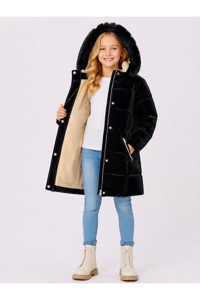 napoli jous Girl's Black Plush Hooded Long Inflatable Coat with Zipper Pockets 10-15 Years Old