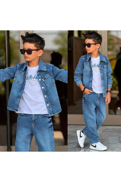 CALİSA Set din denim negru din 3 piese pentru băieți - Jachetă, tricou cu imp...