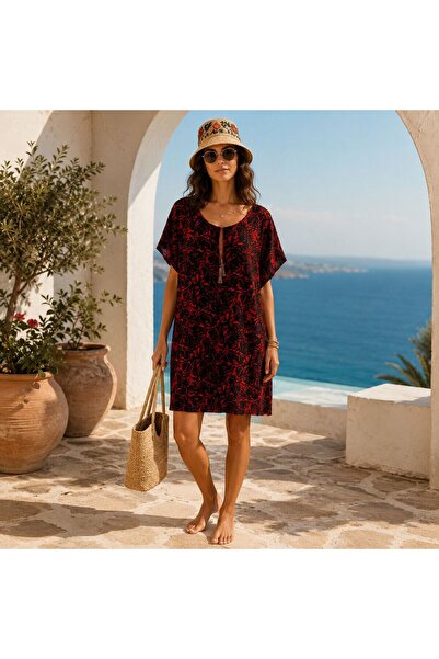 BIJUTERI Par-13051 Black Red Abstract Floral Patterned Beach Dress & Pareo | ...