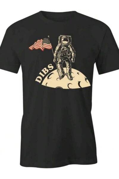 9TAY DIBS ASTRONAUT MOON USA FLAG TShirt Tee Short-Sleeved Cotton CLOTHING S1...