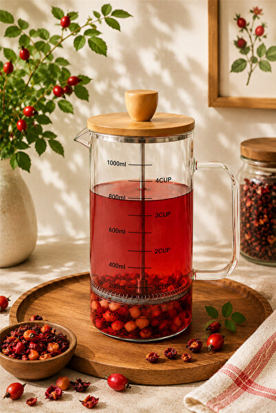 Tohana Doğal Bambu Kapaklı French Press 1000 ml – Borosilikat Cam Gövdeli Pas...