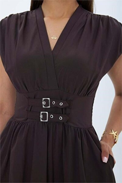 Dipmoda Women's Brown Waist Double Buckle Detailed Pocketed Double Breasted C...