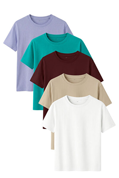 noetr Men's 5-Pack Cotton Basic T-Shirt Blue Green Claret Red Stone White