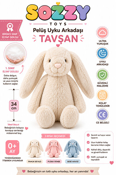 Sozzy Toys Uyku Arkadaşı Peluş Tavşan 34 cm Ultra Yumuşak Birinci Sınıf Elyaf...