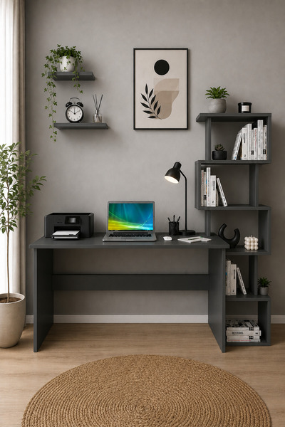 258 MoLife Kitaplıklı Çalışma Masası Bilgisayar Masası Yankı Antrasit