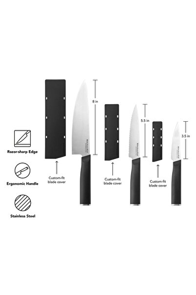 Kitchenaid 3-Piece Japanese Knife Set – High-Carbon Japanese Steel Chef, Utility & Paring Knives with Black Handles & Blade Covers