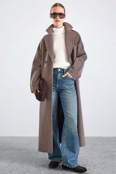 Olcay Knitted and Button Detailed Double-Breasted Premium Coat Latte 3170