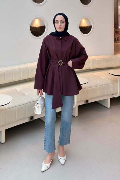 lamelif Buckle Detailed Long Belted Shirt in Plum
