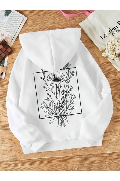 WESTİMO Unisex White Square Flower Printed 3 Thread Hooded Hoodie Sweatshirt