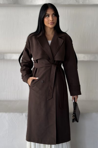 moda armanc Trenci lung de in pentru femei |   Jachetă trench supradimensionată, cu guler dublu, cu curea și nasturi dubli