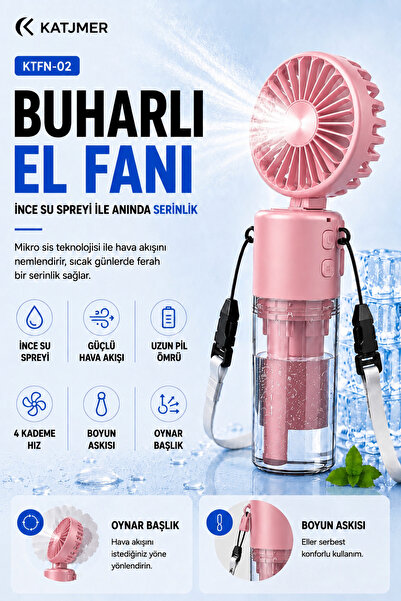 KATJMER KTFN-02 Buharlı Sulu El Fanı, 4 Kademeli Şarjlı Mini Vantilatör, İnce...