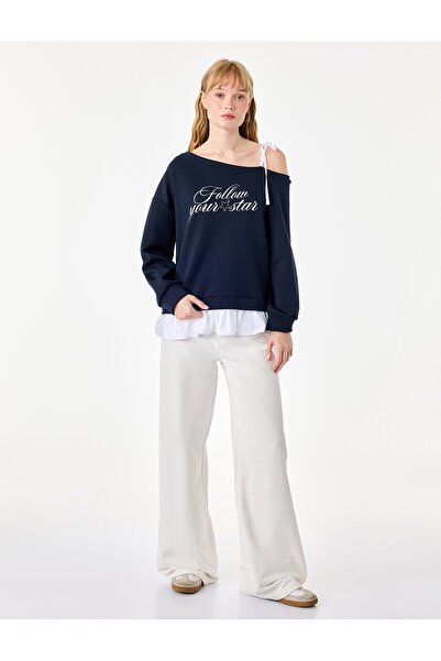 Koton Cotton Asymmetric Collar Single Strap Printed Long Sleeve Sweatshirt