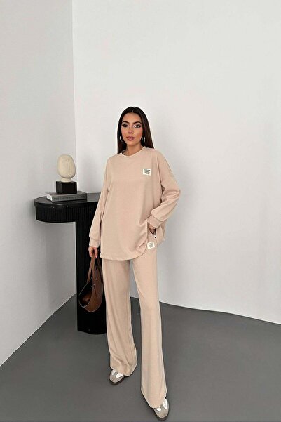 Clothes Fast Women's Cream Sweatshirt-Pants Set Ribbed Textured Oversized Cre...
