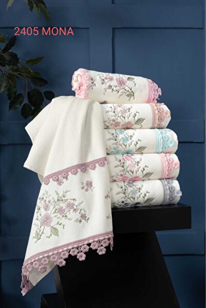 Fiesta MONO KADİFE 3d Nakışlı %100 Bukle 50x90 Cm Krem 6 Adet El Yüz Havlu Seti