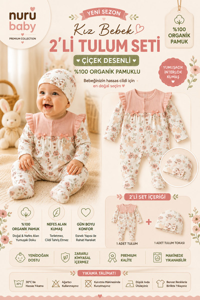 minicayzen Kız Bebek Organik %100 Pamuklu 2'li Tulum Seti Premium Çiçek Desenli