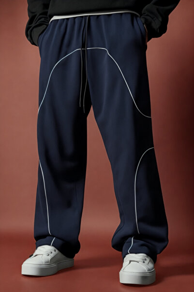 SERABLANKA Men's 3 Thread Oversize Ribbed Wide Leg Sweatpants