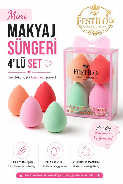 FESTİLO 4'lü Mini Makyaj Süngeri Seti Beauty Blender Fondöten Kapatıcı Kontür...