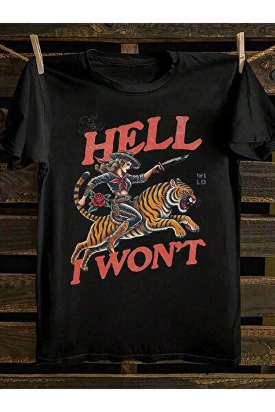 23ERVA تي شيرت "The Hell I Won't" Cowgirl - تي شيرت بتصميم ريترو تايجر رايدر ...
