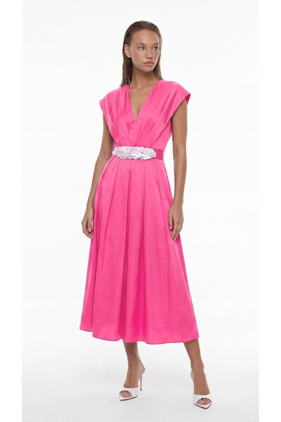 Roman V Yaka Pileli Midi Boy Tafta Elbise Pembe YY011301_038