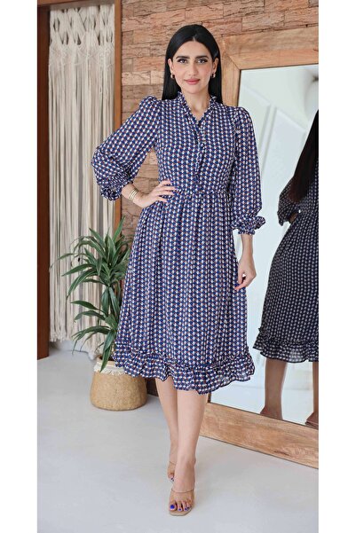 2TRENDY Women's Blue Polka Dot Long Sleeve Midi Dress
