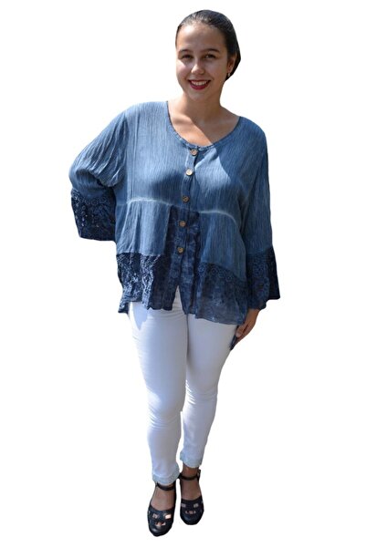OEM Bluza lejera Carina cu insertii de dantela, nuanta de albastru