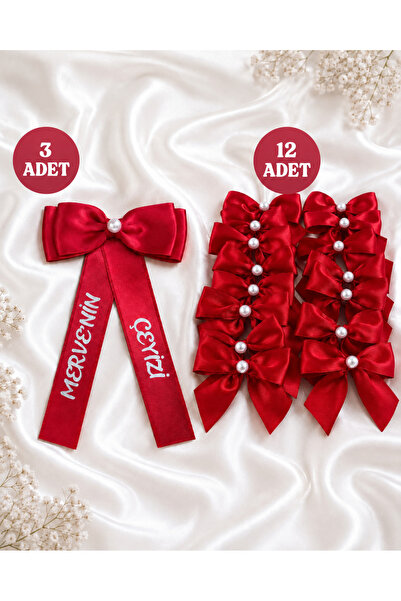 EvremStore Kırmızı Saten Fiyonk Kurdele 15'li Set, Kişiye Özel Gümüş Baskılı ...