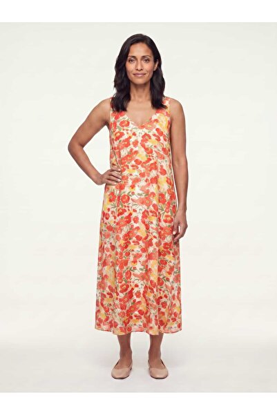 STORi Women's Summer Midi Dress V-Neck Sleeveless Crepe Floral Pattern Coral