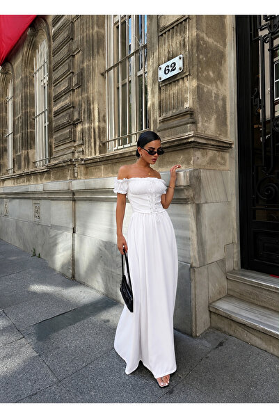 NEW JOURNAL Women's White Eyelet Detailed Gipeli Maxi Dress Yel221719