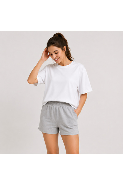Generic Brand Basic Oversize 100% Cotton Women's Set White T-Shirt + Gray Shorts