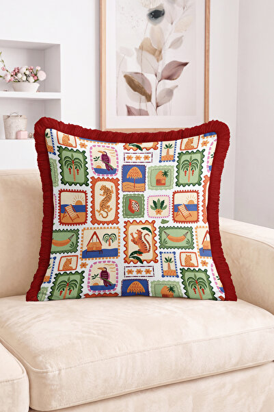 Realhomes Tropical Postcard Motif Palm Bird Leopard and Sunset Pattern Fringe...