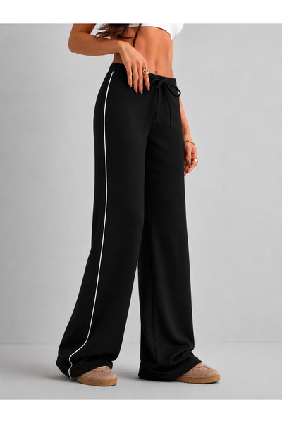 fablair Women's Low Waist Modal Fabric Wide Leg Side Stripe Lace-Up Trousers