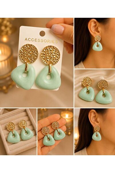 MARE BUTİK Gold Textured Mint Green Geometric Earrings