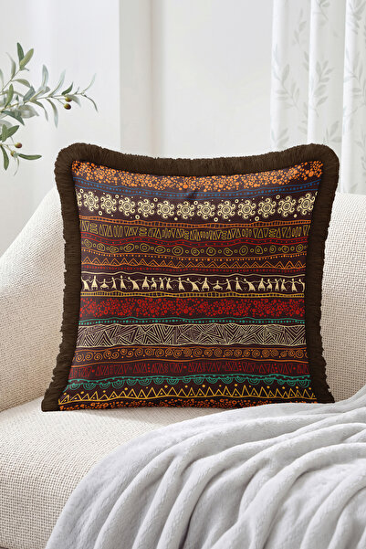 Realhomes Fringed Throw Pillow Cover with Ethnic Geometric Stripe Pattern and...