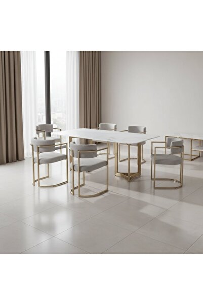 Roots Furniture Alexa White Marble Dining Table Gold Base with 8 chairs