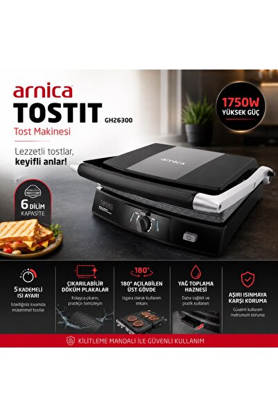 Arnica Tostit GH26300 1000 W Tost Makinesi – Çift Taraflı Çıkarılabilir Döküm...