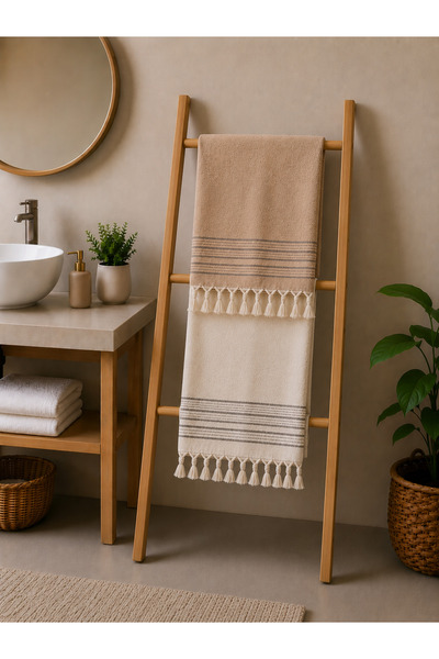 İQON 2-Pack 100% Cotton Bath Towels with Tassels Beige-Brown (40X140 cm)