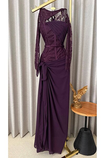 leen fashion Burgundy Lace and Long Sleeves Evening Dress
