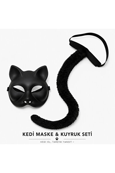 OSKA GLOBAL Black Cat Mask and Plush Tail Costume Set 70 cm