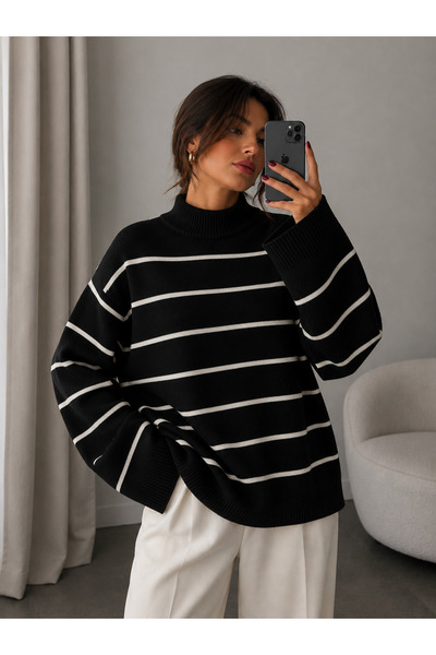 threeoff Women's Striped Casual Oversize Knitted Sweater