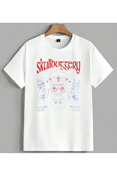 ELFERA Skullbutery T-Shirt Unisex Oversize με στάμπα κρανίου και φτερών, λευκό