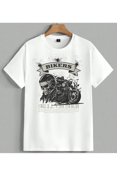 ELFERA Μπλουζάκι Bikers Skull Motorcycle με στάμπα Unisex Oversize Λευκό