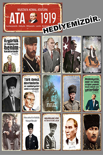bin ler ce tablo Atatürk Görselli Mini Retro Ahşap Poster Seti 15'li Set 1 Po...