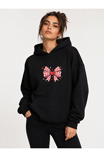 herkesemoda Ribbon Printed Hooded 2 Thread Threaded Sweatshirt