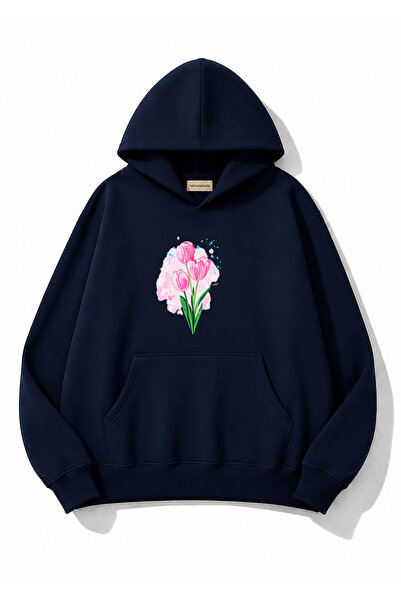 herkesemoda Tulip Printed Hooded 2 Thread Threaded Sweatshirt