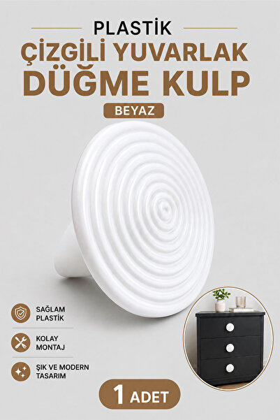 Badem10 Plastik Çizgili Yuvarlak Düğme Kulp 1 Adet Beyaz Çekmece Mobilya Dola...