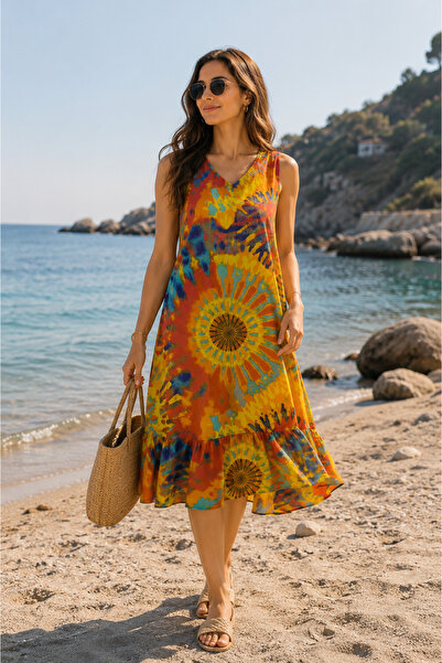 Penyem Kadın Viskon Desenli Salaş Yazlık Elbise – Günlük Rahat Kesim Midi Elbise