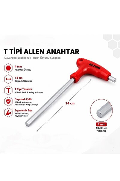 Eltos ETA004 T Tipi Altı Köşeli 4 mm T Tipi Alyan Allen Anahtar 4 mm
